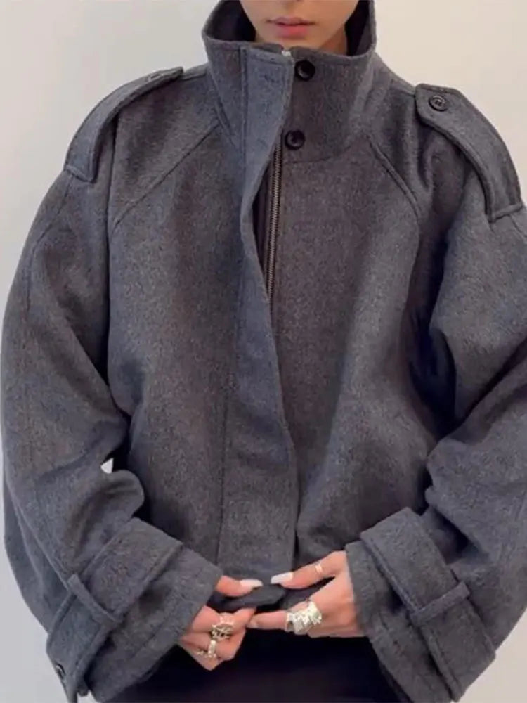 Veste courte ample à col montant pour femme, gris foncé, coupe oversize