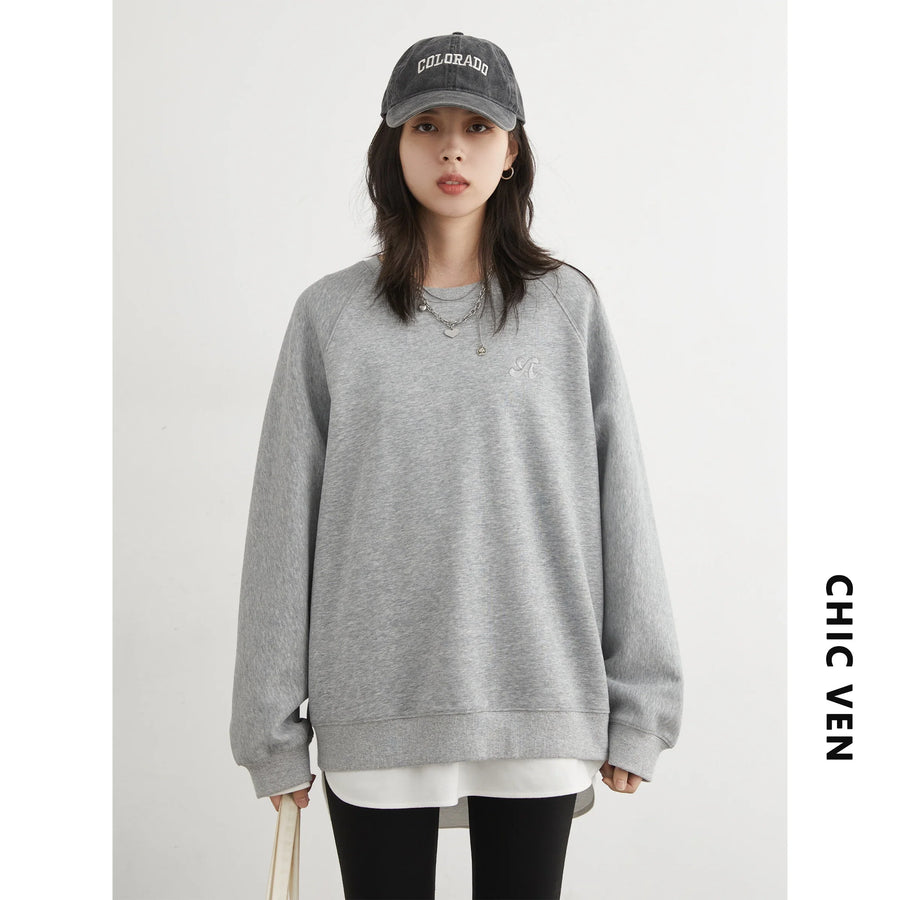 Sweatshirt Femme Col Rond Bleu Clair Manches Longues Brodées