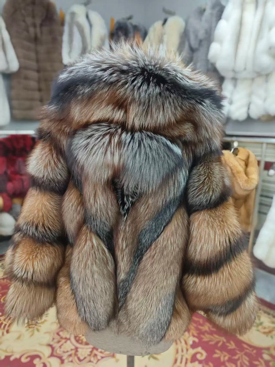 Cappotto caldo da donna con cappuccio in pelliccia sintetica, maniche lunghe e motivo a chevron
