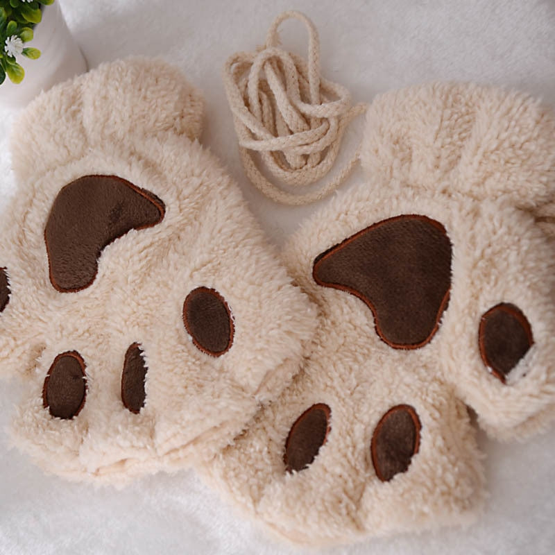 Bright pink plush animal-paw mittens with drawstring