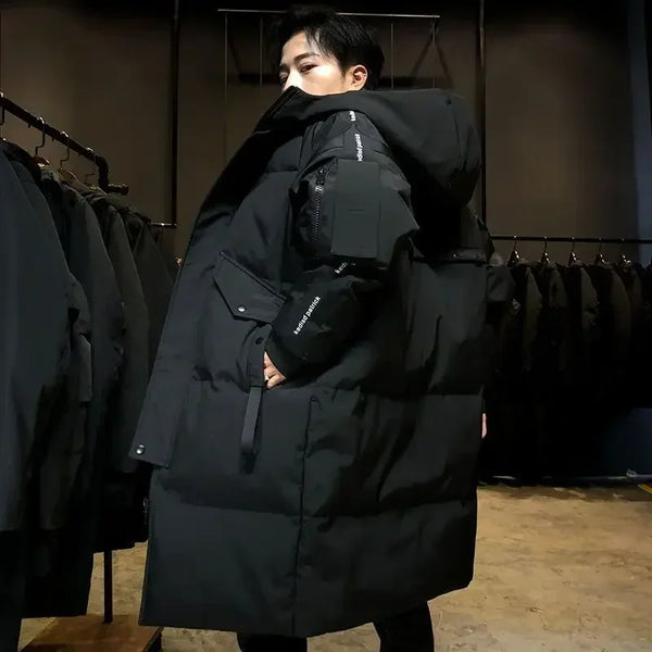 Doudoune longue à capuche pour homme, matelassée, noire