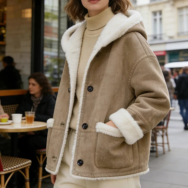 Beige Damenjacke mit Kapuze und Kunstpelzfutter im lässigen Schnitt