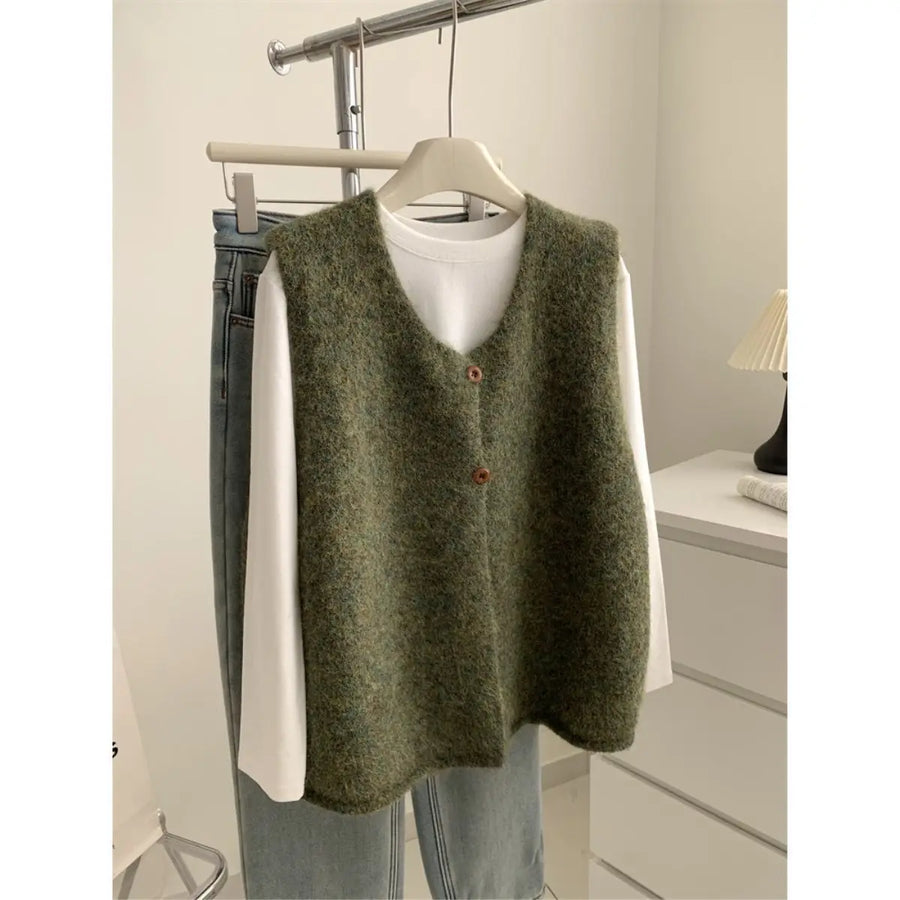 Gilet sans manches en maille col V pour femme, boutons décoratifs