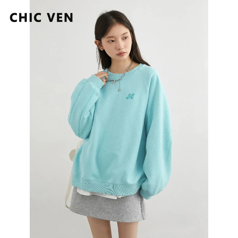 Sweatshirt Femme Col Rond Bleu Clair Manches Longues Brodées
