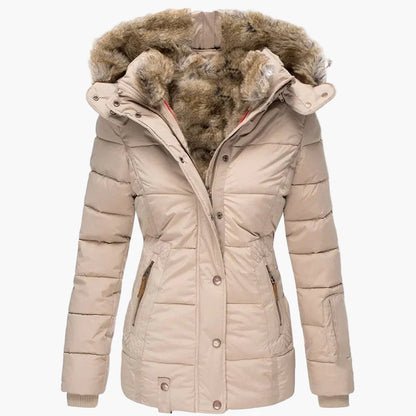 Vinterjakke til dame med hette, elegant urban stil, innsvingt passform, pelskrage og glidelåslukking