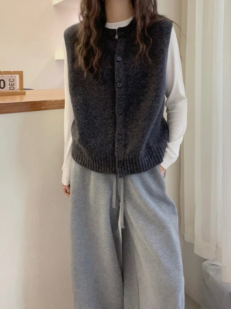 Gilet sans manches en maille boutonné pour femme Gris chiné