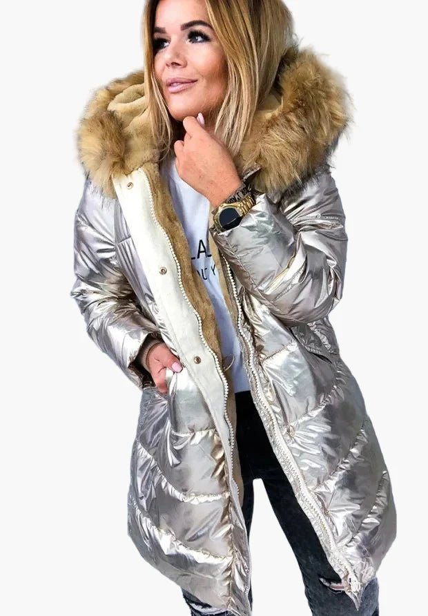 Abrigo de invierno grueso estilo europeo y americano para mujer – Capucha con piel, corte largo, look moderno
