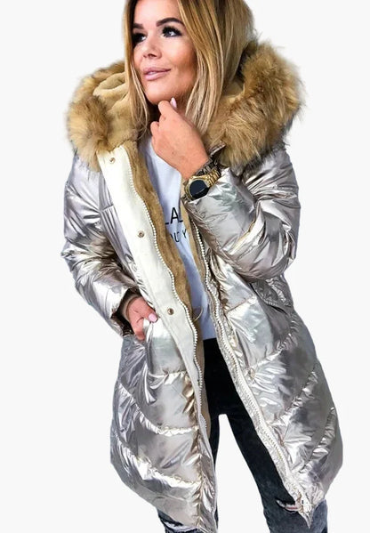 Abrigo de invierno grueso estilo europeo y americano para mujer – Capucha con piel, corte largo, look moderno