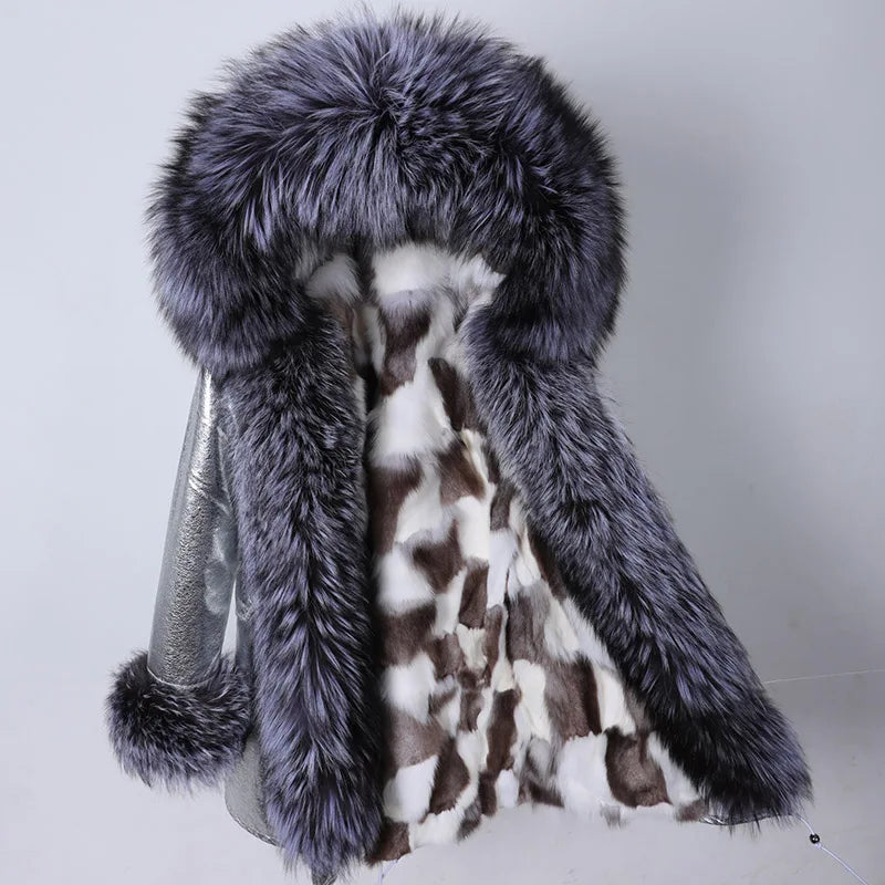 Parka invernale da donna con cappuccio, pelliccia rosa e fodera calda