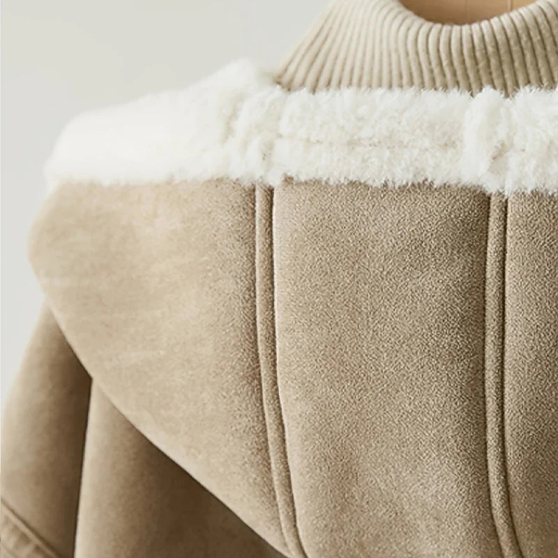 Veste à capuche beige doublée imitation fourrure femme, coupe décontractée
