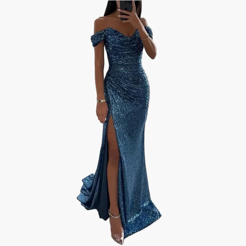 Robe de soirée longue femme fendue épaules dénudées style glamour pour bal ou cérémonie