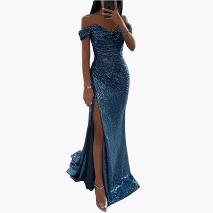 Robe de soirée longue femme fendue épaules dénudées style glamour pour bal ou cérémonie