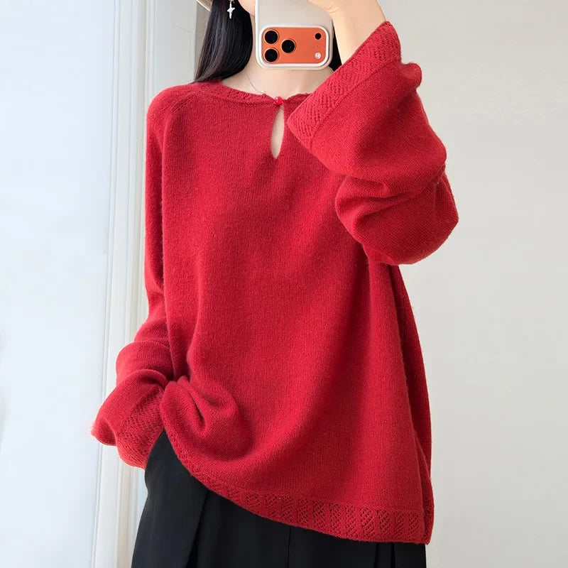 Pull en maille doux pour femme Col rond Manches longues Rose clair