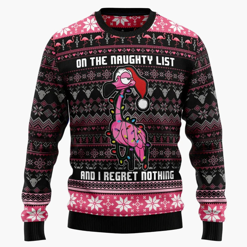 Unisex fantasijultröja i "Ugly Christmas Sweater"-stil med flamingos och humoristiskt budskap