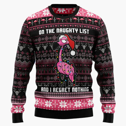 Unisex fantasijultröja i "Ugly Christmas Sweater"-stil med flamingos och humoristiskt budskap
