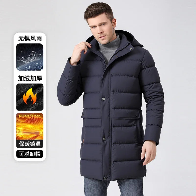 Abrigo largo acolchado de hombre con capucha desmontable, impermeable y cortavientos