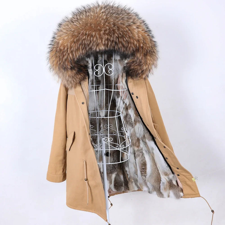 Damska parka z kapturem obszytym sztucznym futrem i odpinaną podszewką