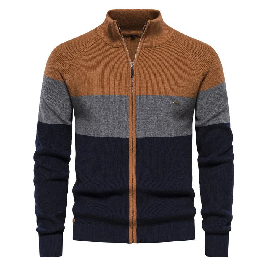 Tricot vest met rits, opstaande kraag en driekleurig ontwerp voor heren