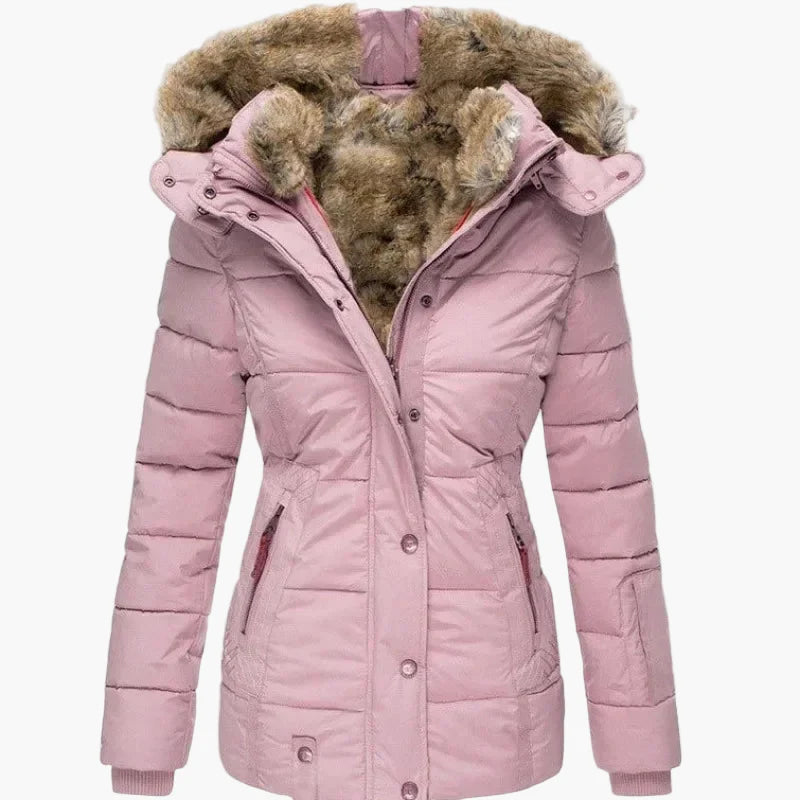 Vinterjakke til dame med hette, elegant urban stil, innsvingt passform, pelskrage og glidelåslukking