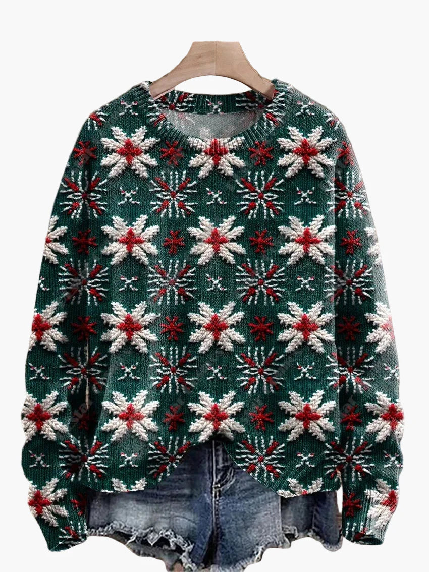 Geborduurde fantasie kersttrui voor dames, casual stijl, ideaal voor feestdagen