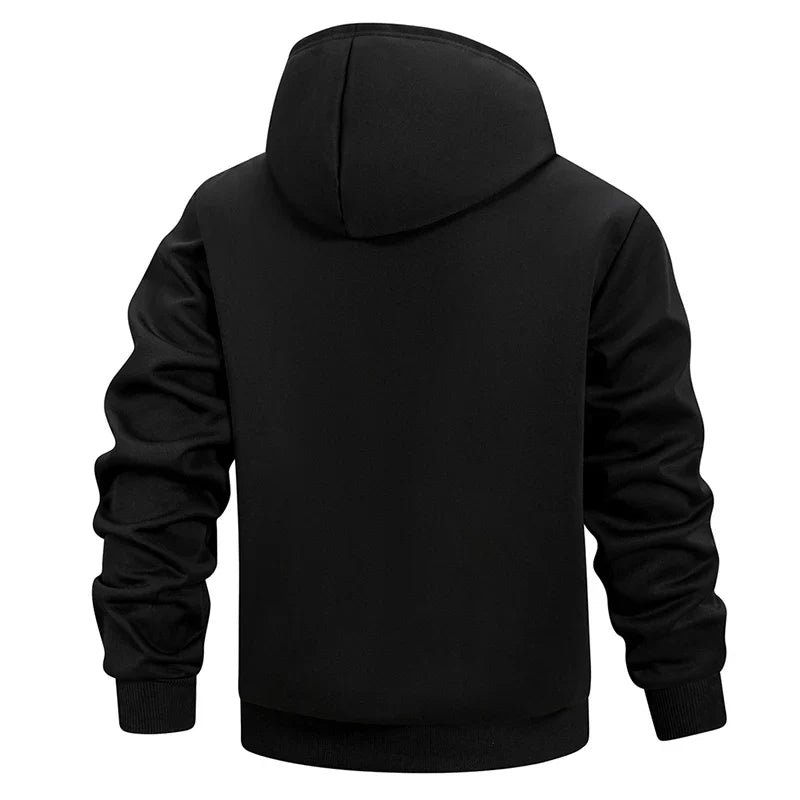 Men's thick, warm black fleece-lined zip-up hoodie