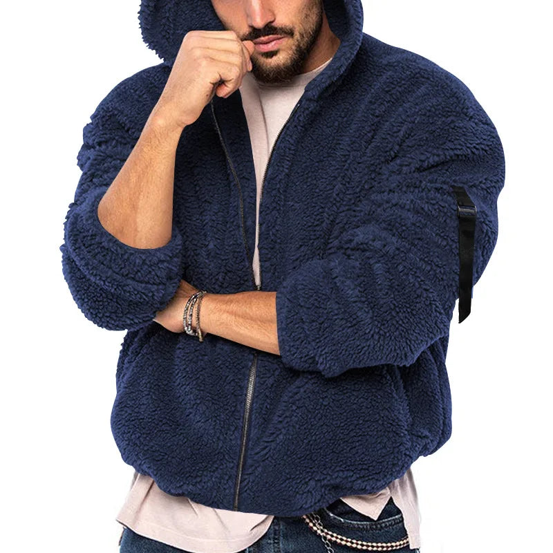 Men's hooded jacket in soft sheepskin-effect fabric, zippered, multiple colors
