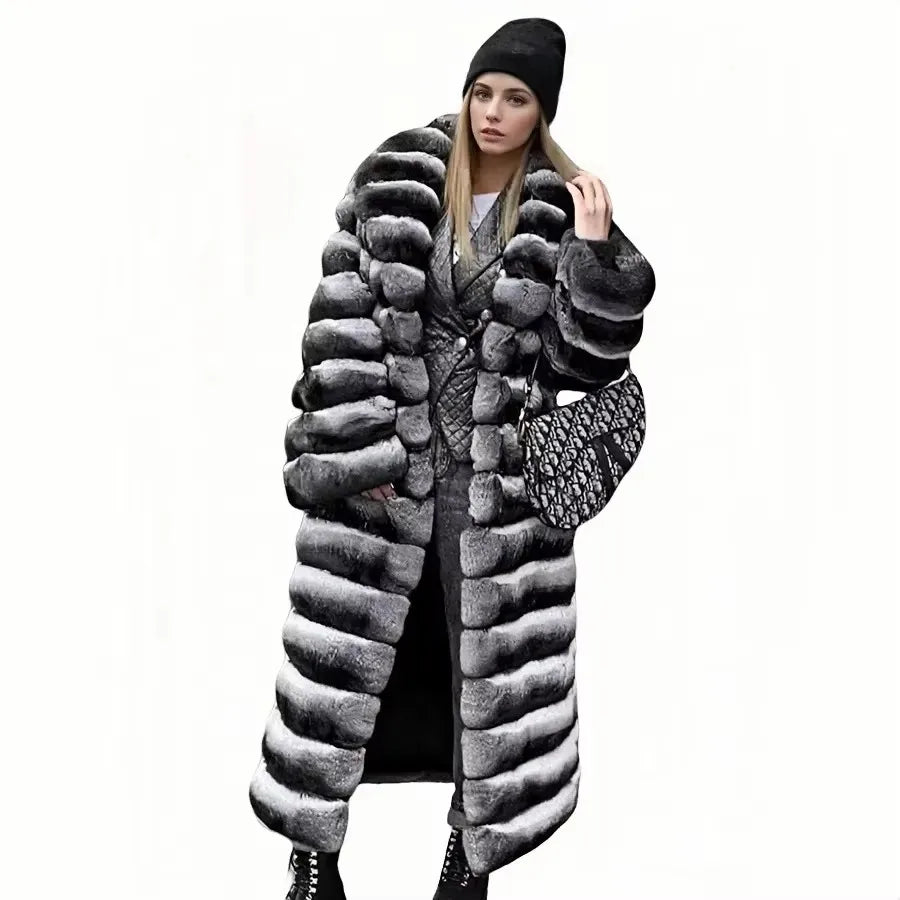 Thick, warm black-and-white striped faux-fur long coat for women