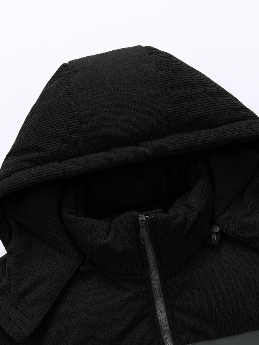 Black two-tone quilted hooded puffer jacket with corduroy-style design