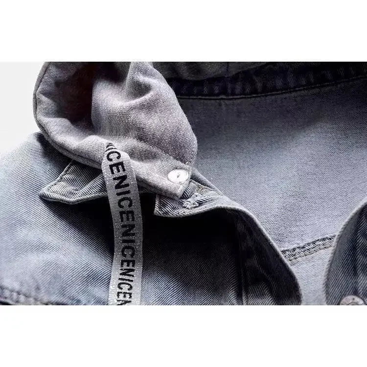 Women's Gray Washed Denim Jacket with Integrated Hood