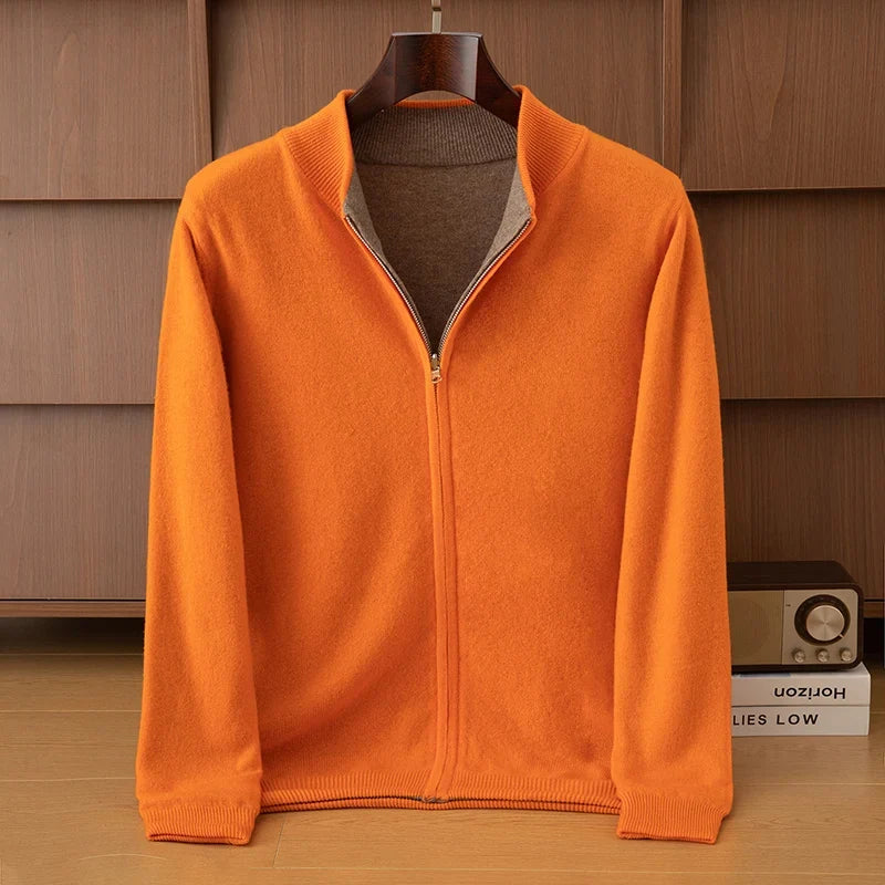 Gilet bicolore da uomo con cerniera, collo alto, lavorato a maglia arancione e grigio