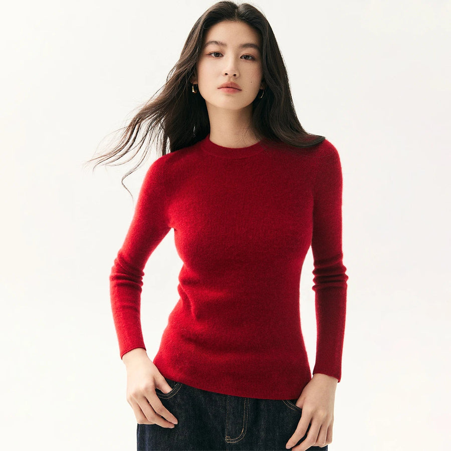 Pull fin côtelé femme à manches longues et col rond gris