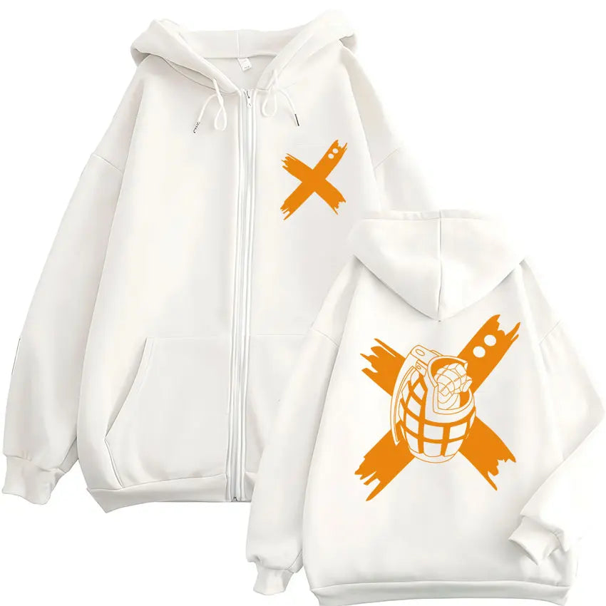 Sweat à capuche zippé imprimé motif fantaisie avec poches kangourou