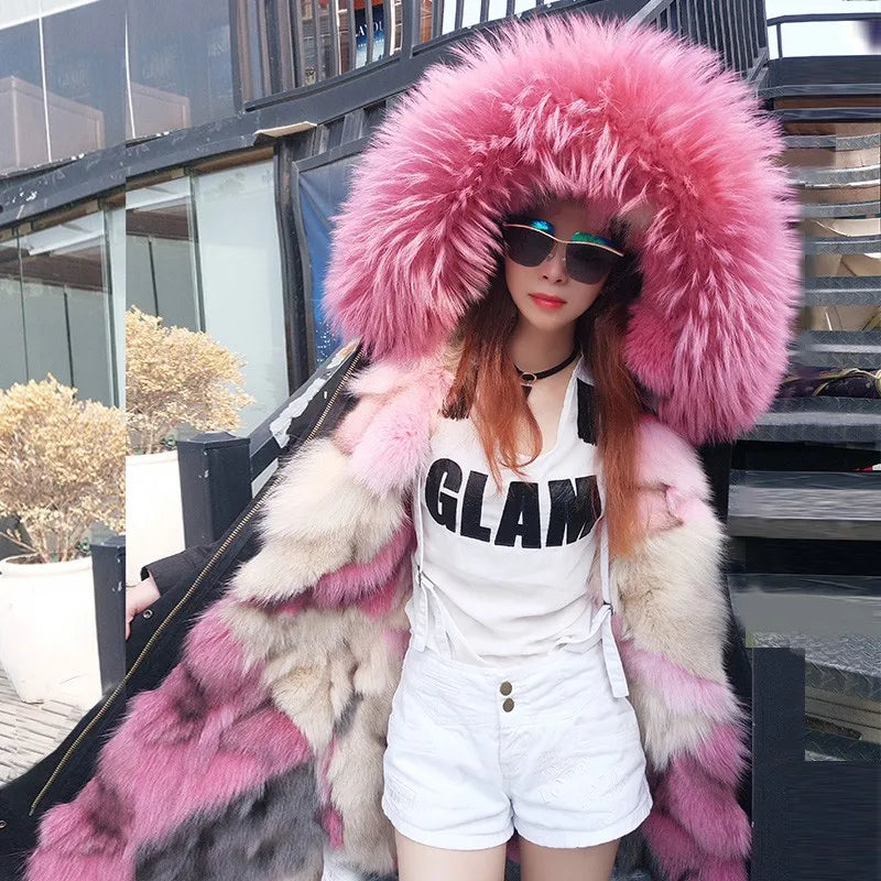 Parka invernale da donna con cappuccio, pelliccia rosa e fodera calda