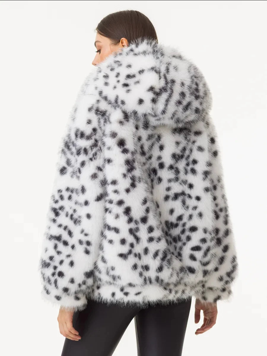 Manteau à capuche motif léopard noir et blanc en fausse fourrure pour femme