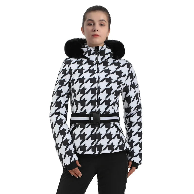 Veste de Ski Femme Motif Pied-de-Poule Noir et Beige avec Capuche et Ceinture
