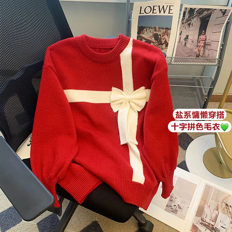 Loose-Fit Red Sweater with White Bow Tie