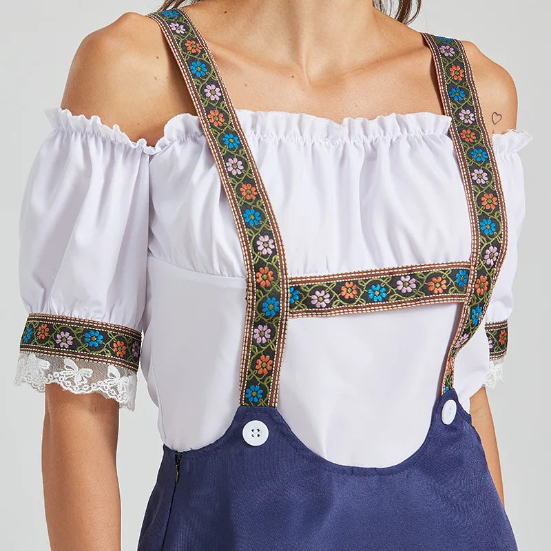 Bayersk dirndl-kjole til kvinder med bare skuldre, nederdel med stropper, broderi, hvid og marineblå