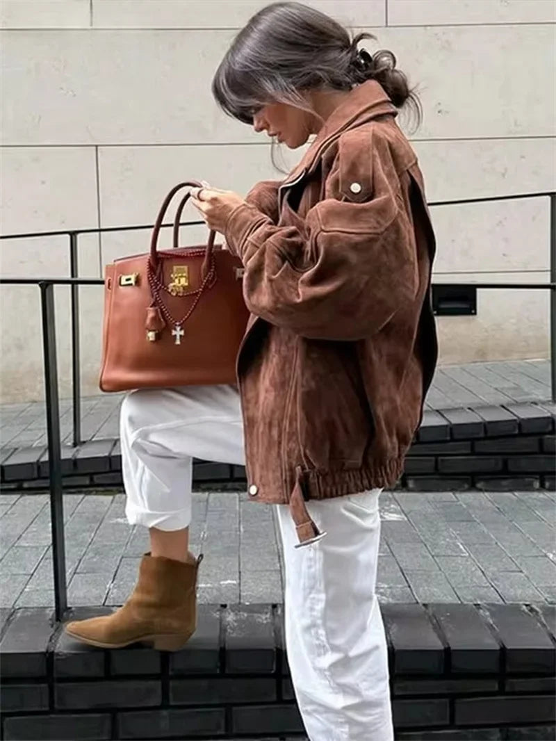 Women's oversized aviator jacket in dark brown with asymmetrical closure