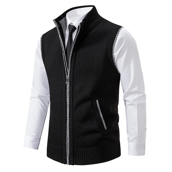 Men's Sleeveless Knitted Vest with Stand Collar and Full-Zip Closure