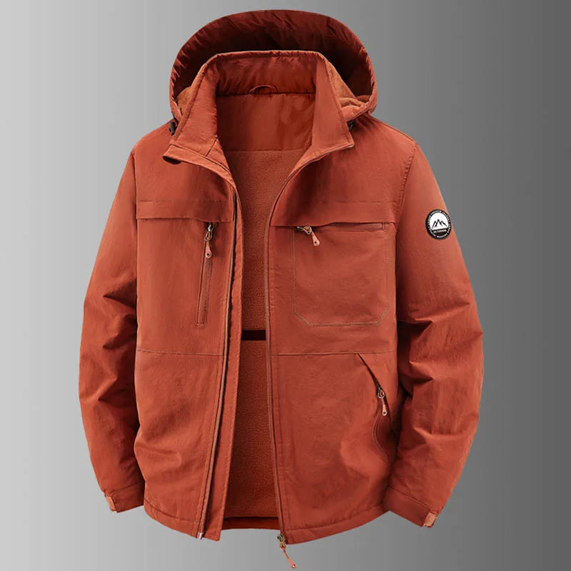 Men's lined hooded jacket with multiple pockets, zip closure, and sleeve badge