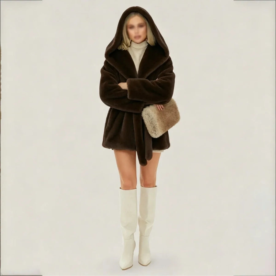 Manteau Doux à Capuche Effet Fourrure Marron pour Femme