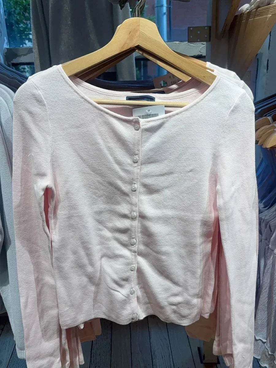 Cárdigan rosa pálido de canalé para mujer, de manga larga y cuello redondo