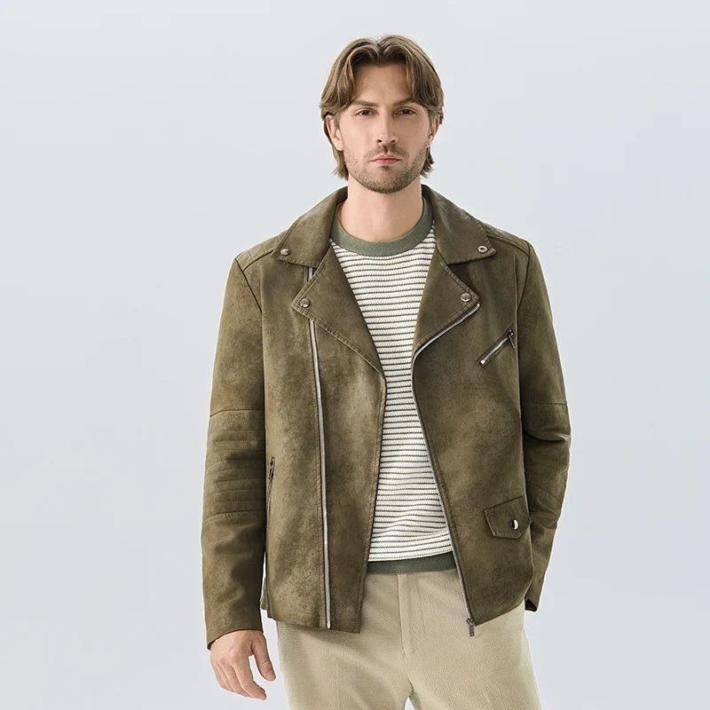 Herren-Motorradjacke mit asymmetrischem Schnitt und Reverskragen, verwaschenes Braun