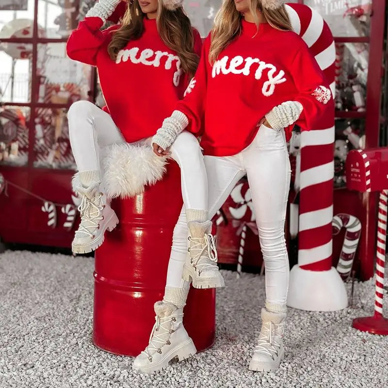 Pull de Noël Rouge avec Inscription "Merry" et Flocon de Neige