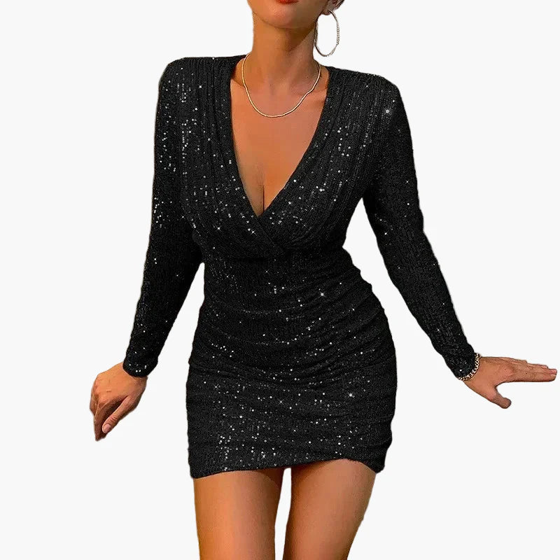 Robe de soirée femme élégante à sequins, col plongeant, manches longues, style glamour