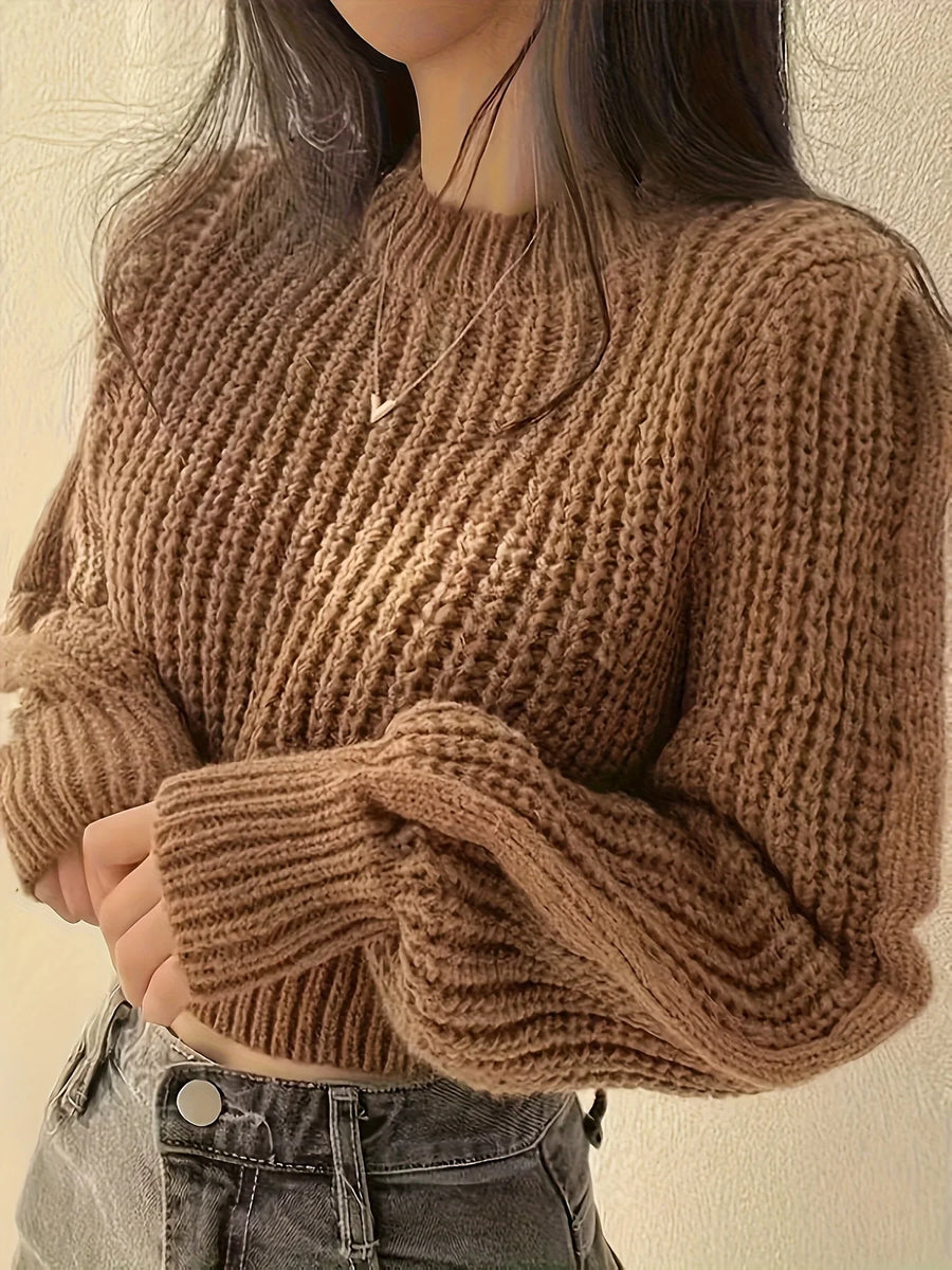 Pull court en maille côtelée pour femme, manches longues amples