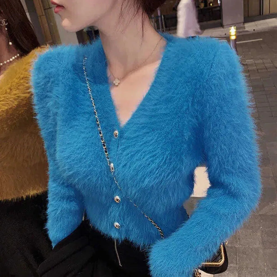 Cardigan court femme en matière duveteuse à col V, boutons dorés