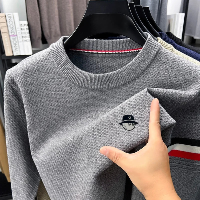 Men's Textured-Knit Crew-Neck Sweater with Side Stripe and Embroidered Motif
