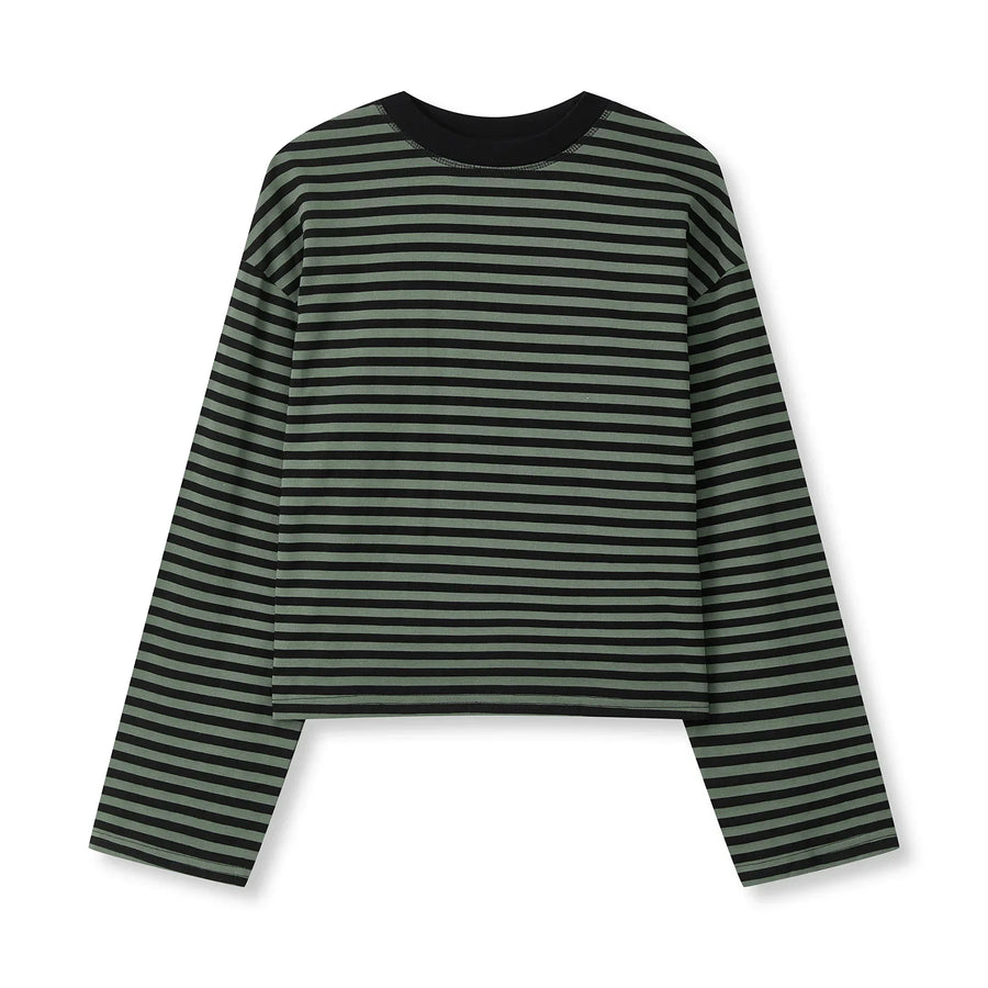 Gestreept dames-T-shirt met lange mouwen, kort en losvallend