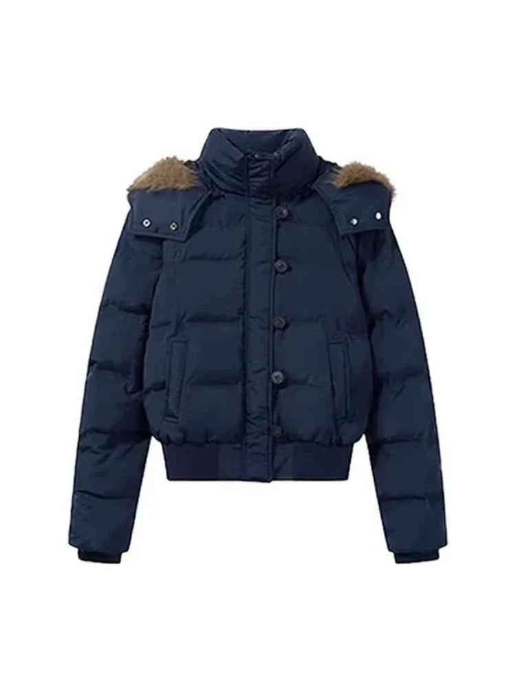 Piumino corto da donna con cappuccio in ecopelliccia blu navy